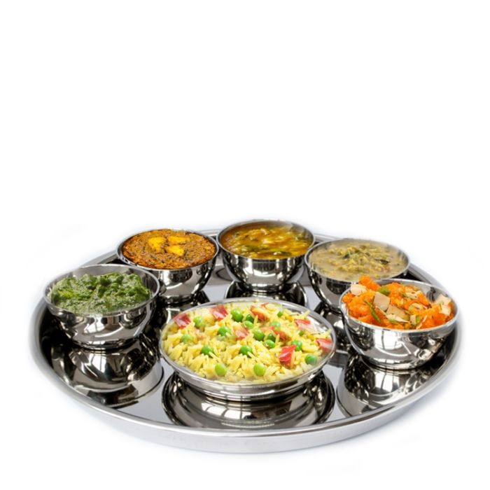 Full Stainless Steel Thali Set : 1 Beading Khumcha No14 Thali with x 5 Iodine Bowl Size 5 & 1 Halwa Plate Size 6