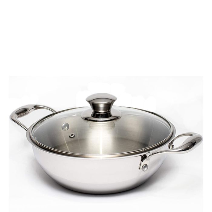 Zinel 5032 Tri-Ply Wok with Glass Lid, 2.2L-22cm, Stainless Steel