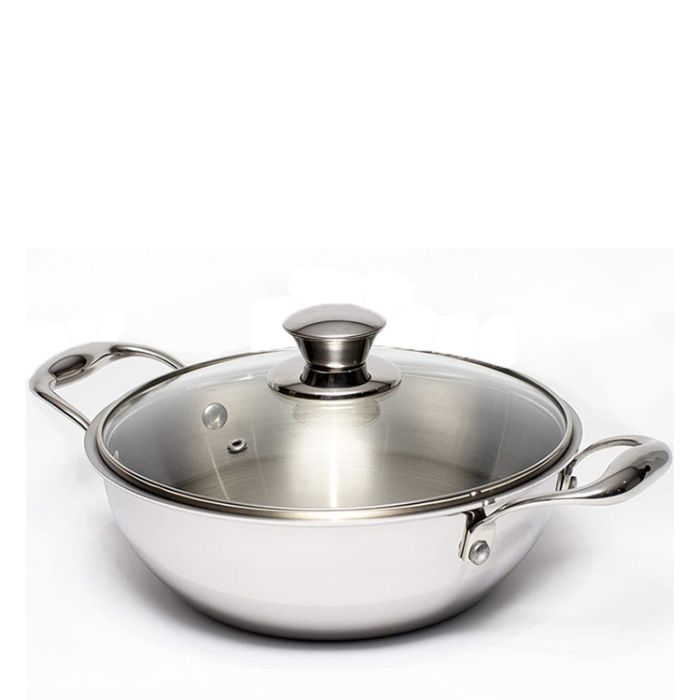Zinel Tri-Ply kadai with Glass Lid, 30cm, Stainless Steel