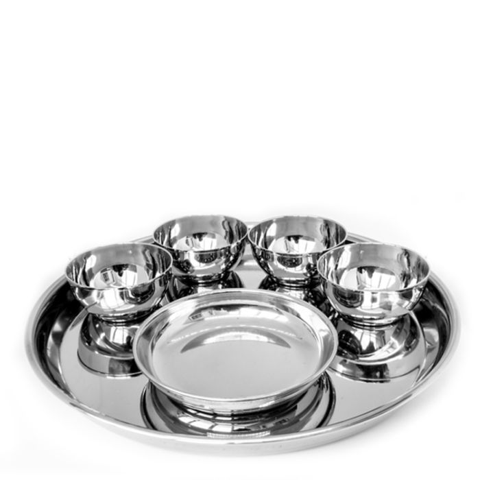 Full Stainless Steel Thali Set : 1 Beaded  Khumcha No15 Thali with x 4 Iodine Bowls Size 5.5 & 1 Halwa Plate Size 7