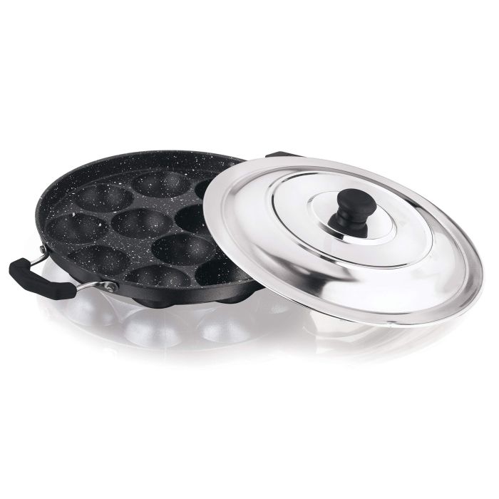 Non - Stick AppamPatra with 12 Cavities and Stainless Steel Lid