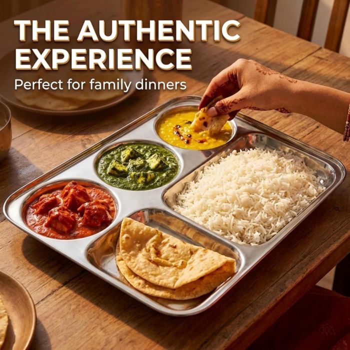 Stainless Steel Mirror Finish Bhojan Patra – 5 Compartments