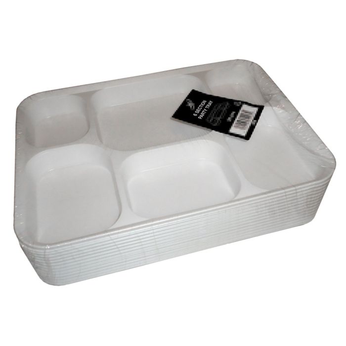 Recycleable Re-usable Party Catering Dinner Lunch 6 Compartments White Plastic Plates Trays 25PK 