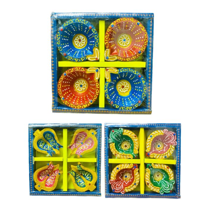 Coloured Clay Decorated Diya (no wax), 3 packs x 4 Diyas in each pack - Mixed Packs
