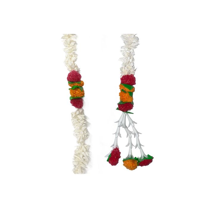 Single String Of White Jasmin With Red & Orange Artificial Flower Ladi - 42