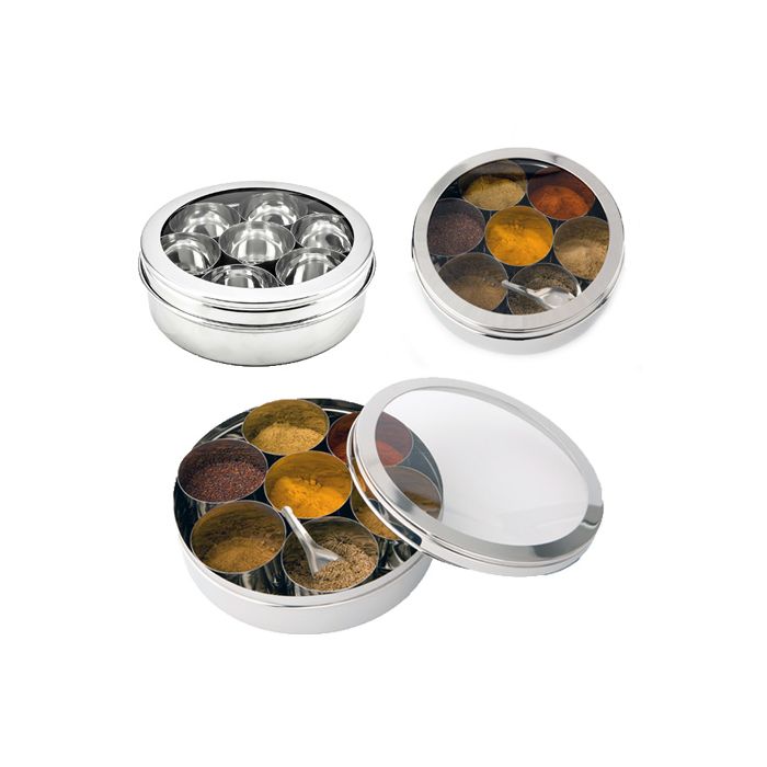 Stainless Steel Spice Box (Masala Dabba) with Clear Lid Size 13
