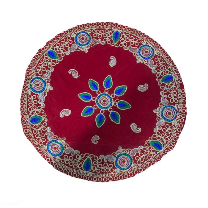 Red Velvet Chunri with Embroidery - Round - 37.5cm Diameter