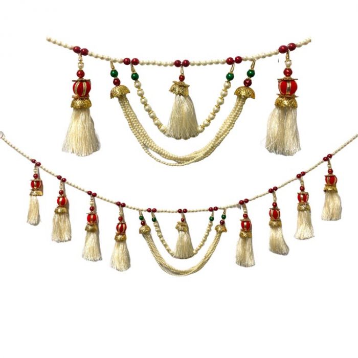 Toran Decoration - Red, White And Green Pearls With White Hanging Tassels - Single