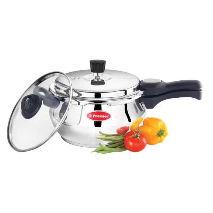 Premier Stainless Steel Handi Pressure Cooker with Glass Lid - 5L-liquid vol 4.3L
