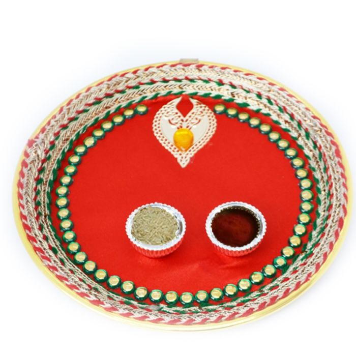 Rakhi Plate - Plastic Plate With Red Decorated Fabric & Two Vatkis