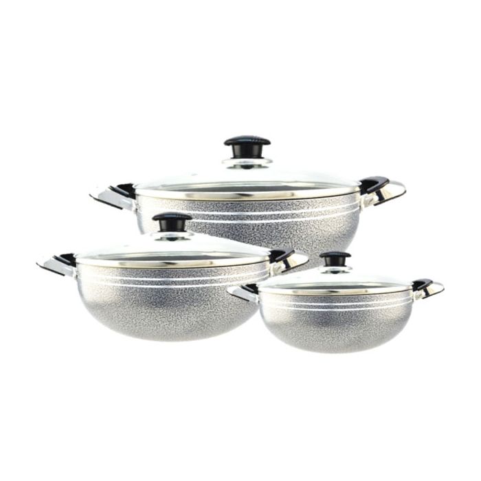 Grey Non-Stick Cookware Set of 3 Woks with Glass Lid (22, 24, 26cm)