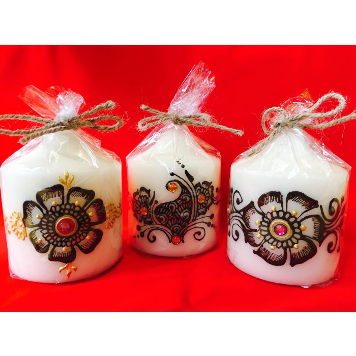 Hand Decorated Small Candles - White with Brown & Gold Design