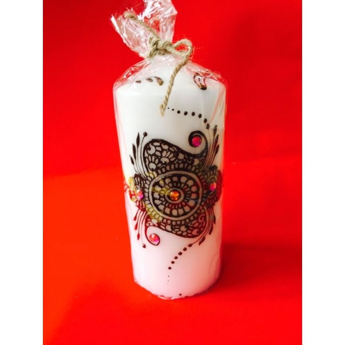 Hand Decorated  Large Candle - White with Brown Design