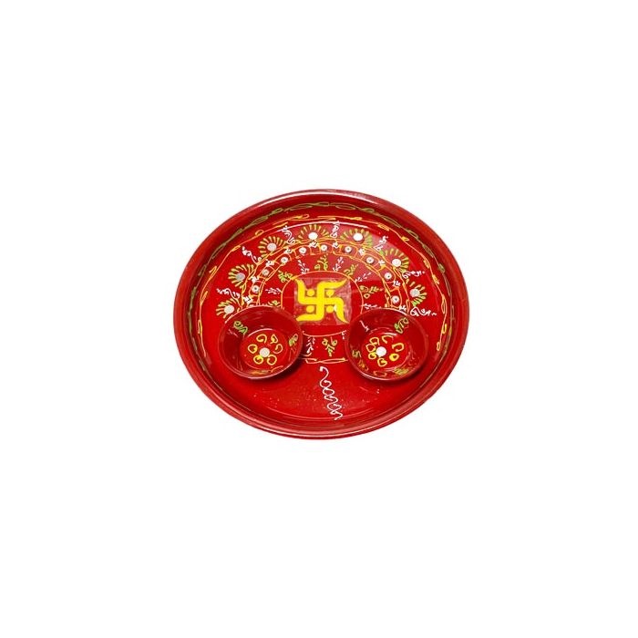 Pooja Thali Hand Decorated - Red - 18cm