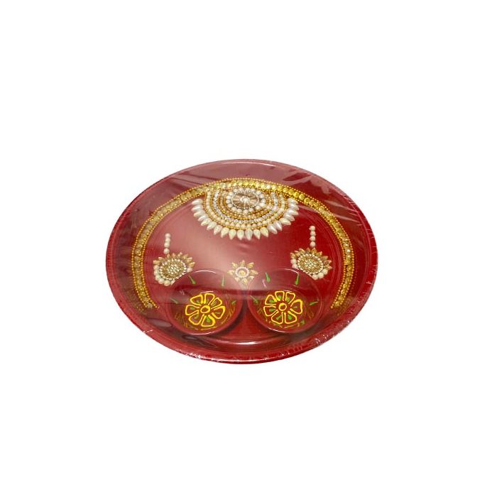 Pooja Thali Hand Decorated - Red, White & Gold- 22cm