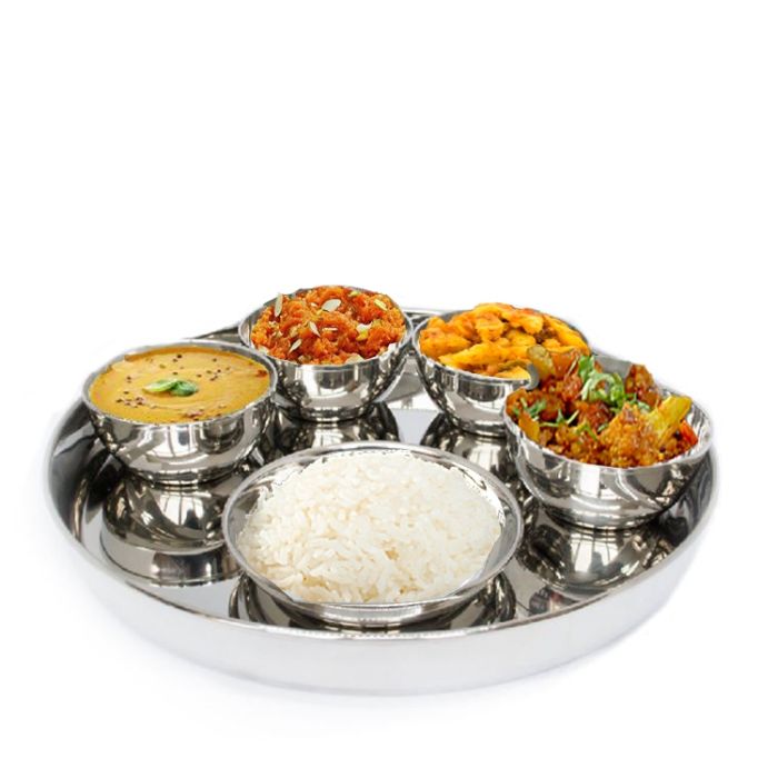 Full Stainless Steel Thali Set : (N)1 Khumcha Beaded No14 Thali with x 4 Iodine Bowl Size 5.5 & 1 Halwa Plate Size 6 