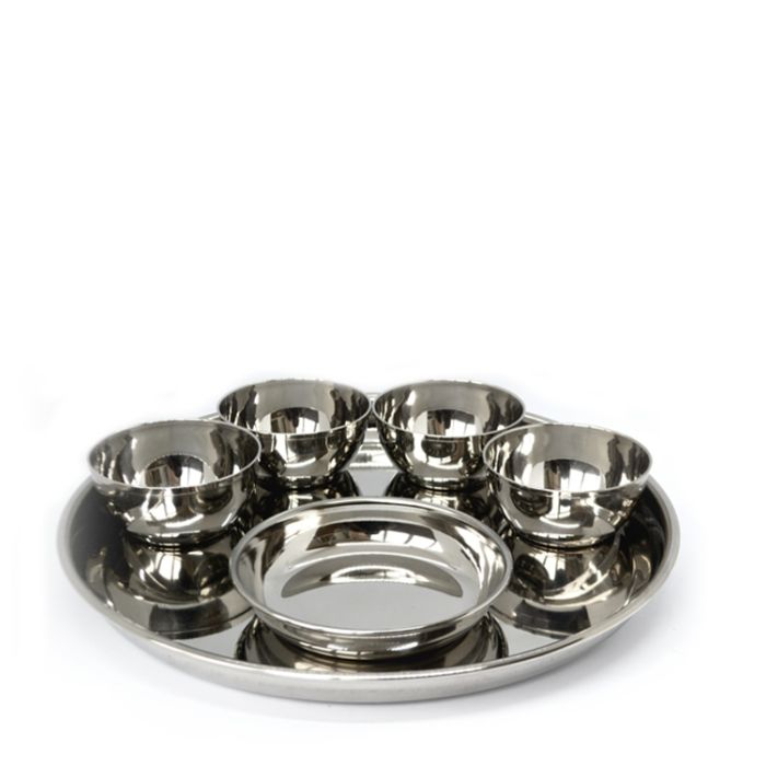 Full Stainless Steel Thali Set : 1 Beaded Khumcha No13 Thali with x 4 Iodine Bowls Size 5