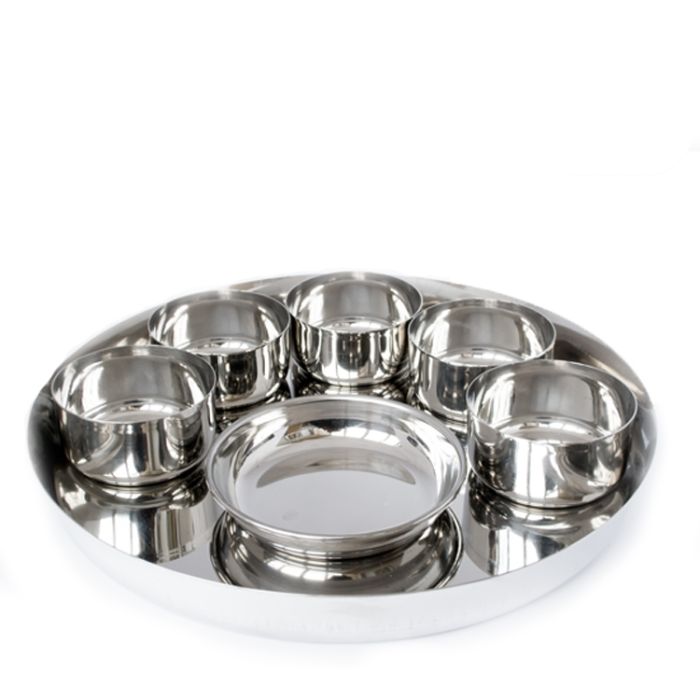 Full Stainless Steel Thali Set : 1 Sada Khumcha No14 Thali with x 5 Sadda Vatti Size 6 & 1 Halwa Plate Size 6