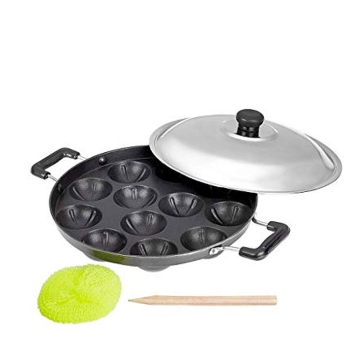 Non - Stick AppamPatra with 12 Cavities and Stainless Steel Lid