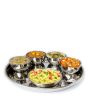 Full Stainless Steel Thali Set : 1 Beaded Khumcha No14 Thali with x 4 Iodine Bowls Size 5.5 & 1 Halwa Plate Size 6