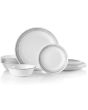 Corelle Mystic Gray 18pc, including 6 sets of each: 26cm dinner plates, 17cm bread plates, and 532ml soup/cereal bowls.
