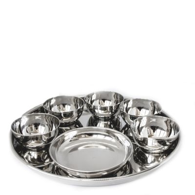 Full Stainless Steel Thali Set : 1 Beaded Khumcha No15 Thali with x 5 Iodine Bowl Size 5.5 & 1 Halwa Plate Size 7