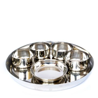 Full Stainless Steel Thali Set : 1 Sada Khumcha  No14 Thali with x 4 Sadda Vatti Size 6 & 1 Halwa Plate Size 6 