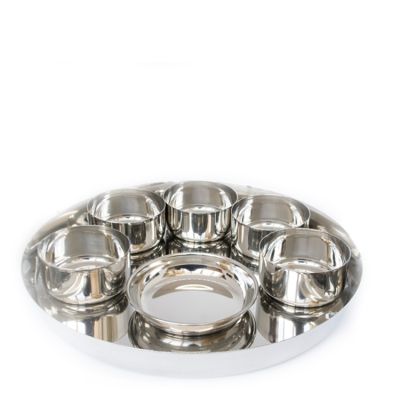 Full Stainless Steel Thali Set : 1 Sada Khumcha No15 Thali with x 5 Sadda Vatti Size 6 & 1 Halwa Plate Size 6