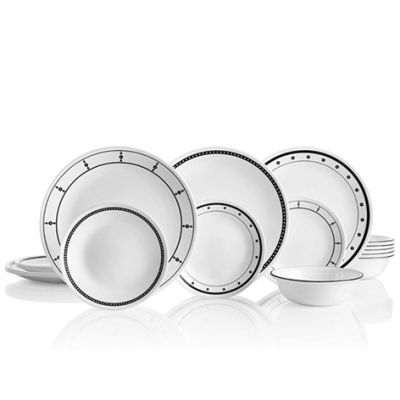 Corelle Black & White 18pc - 6 dinner plates, 6 bread & butter plates and 6 cereal bowls.
