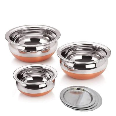 Set of 3 Stainless Steel Copper Bottom Handi With Lid.