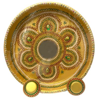 Decorated Gold Arti Plate - Sliver, Gold, Green, White and Red Gems