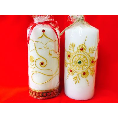 Hand Decorated Large Candle - White with Gold Design