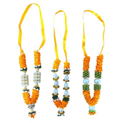 Satin Haar with Pearls - Small - Light Orange , Green, Gold and White x1