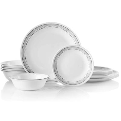 Corelle Mystic Gray 18pc, including 6 sets of each: 26cm dinner plates, 17cm bread plates, and 532ml soup/cereal bowls.
