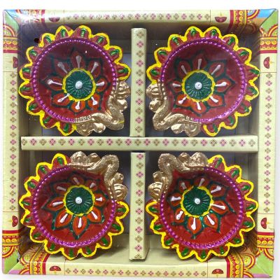 Set of 4 Mix Coloured Clay Decorated Diya for Diwali & Pooja (no wax)