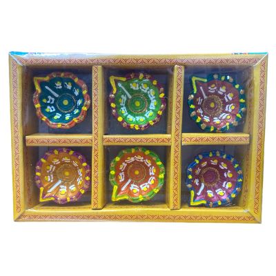 Set of 6 Mix Coloured With Glitter Clay Hand Decorated Diya (no wax) NO-45-6