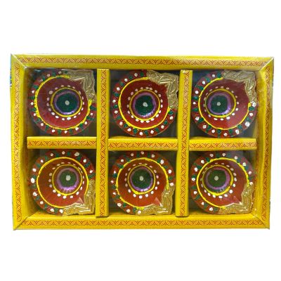 Set of 6 Mixed Coloured Clay Hand Decorated Diya (no wax) NO-523-6