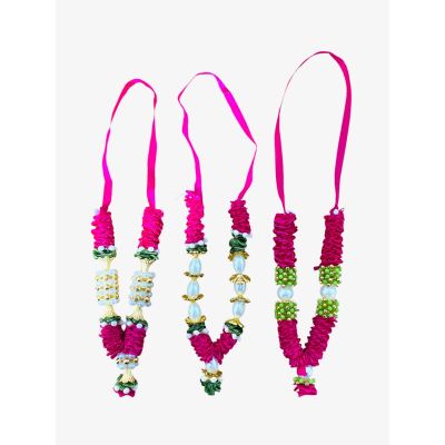 Satin Haar with Pearls - Small - Pink , Green, Gold and White x1