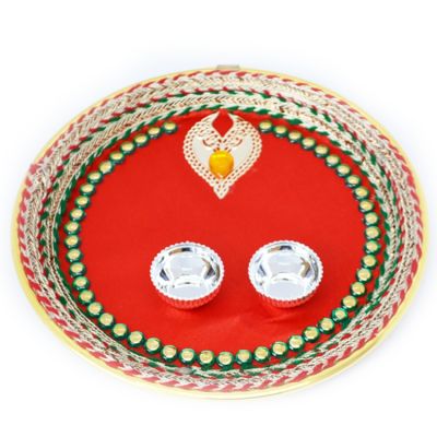 Rakhi Plate - Plastic Plate With Red Decorated Fabric & Two Vatkis