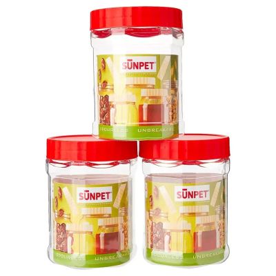 Sunpet Set of Hexagonal 400 ml Red Top Plastic Food Storage Jars Canisters (3 Pack)