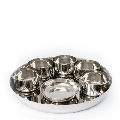 Full Stainless Steel Thali Set : 1 Sada Khumcha No13 Thali with x 5 Sadda Vatti Size 5.5 & 1 Halwa Plate Size 5