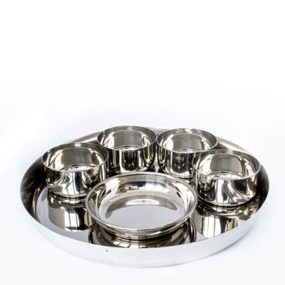 Full Stainless Steel Thali Set : 1 Sada Khumcha No13 Thali with x 4 Sadda Vatti Size 5.5 & 1 Halwa Plate Size 6