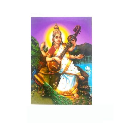Laminated Sticker Of  Goddess Saraswati With Peacock