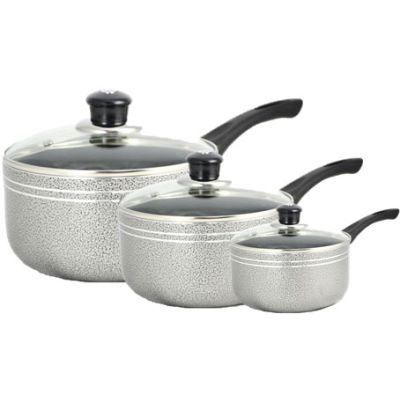 Grey Non-Stick Cookware Set of 3 Saucepans  with Glass Lid (16, 18, 20cm)