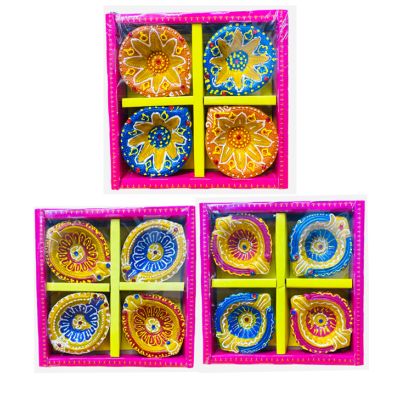 Coloured Clay Decorated Diya (no wax), 3 packs x 4 Diyas in each pack - Mixed Packs