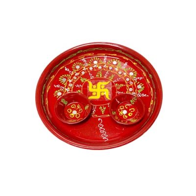 Pooja Thali Hand Decorated - Red - 18cm