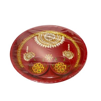 Pooja Thali Hand Decorated - Red, White & Gold- 22cm