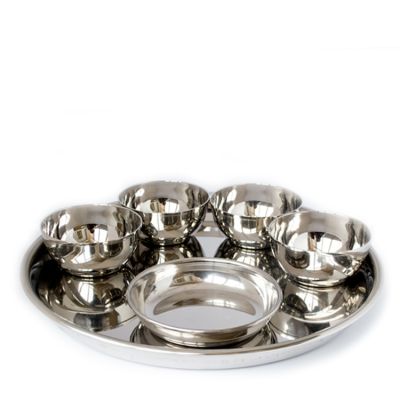 Full Stainless Steel Thali Set : 1 Beaded Khumcha No14 Thali with x 4 Iodine Bowls Size 5.5 & 1 Halwa Plate Size 6