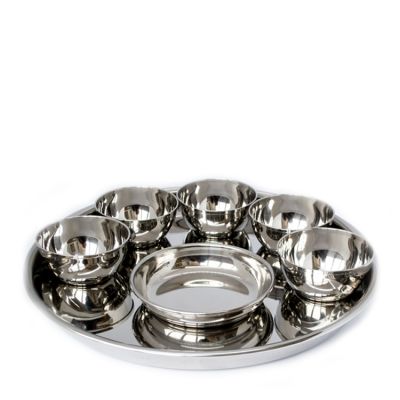 Full Stainless Steel Thali Set : 1 Beading Khumcha No14 Thali with x 5 Iodine Bowl Size 5 & 1 Halwa Plate Size 6
