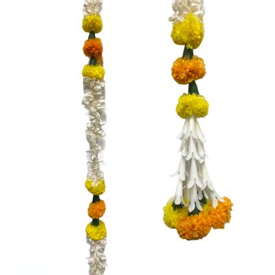 Single String Of Yellow & Light Orange Pom Pom with Jasmin Artificial Flowers - 39"